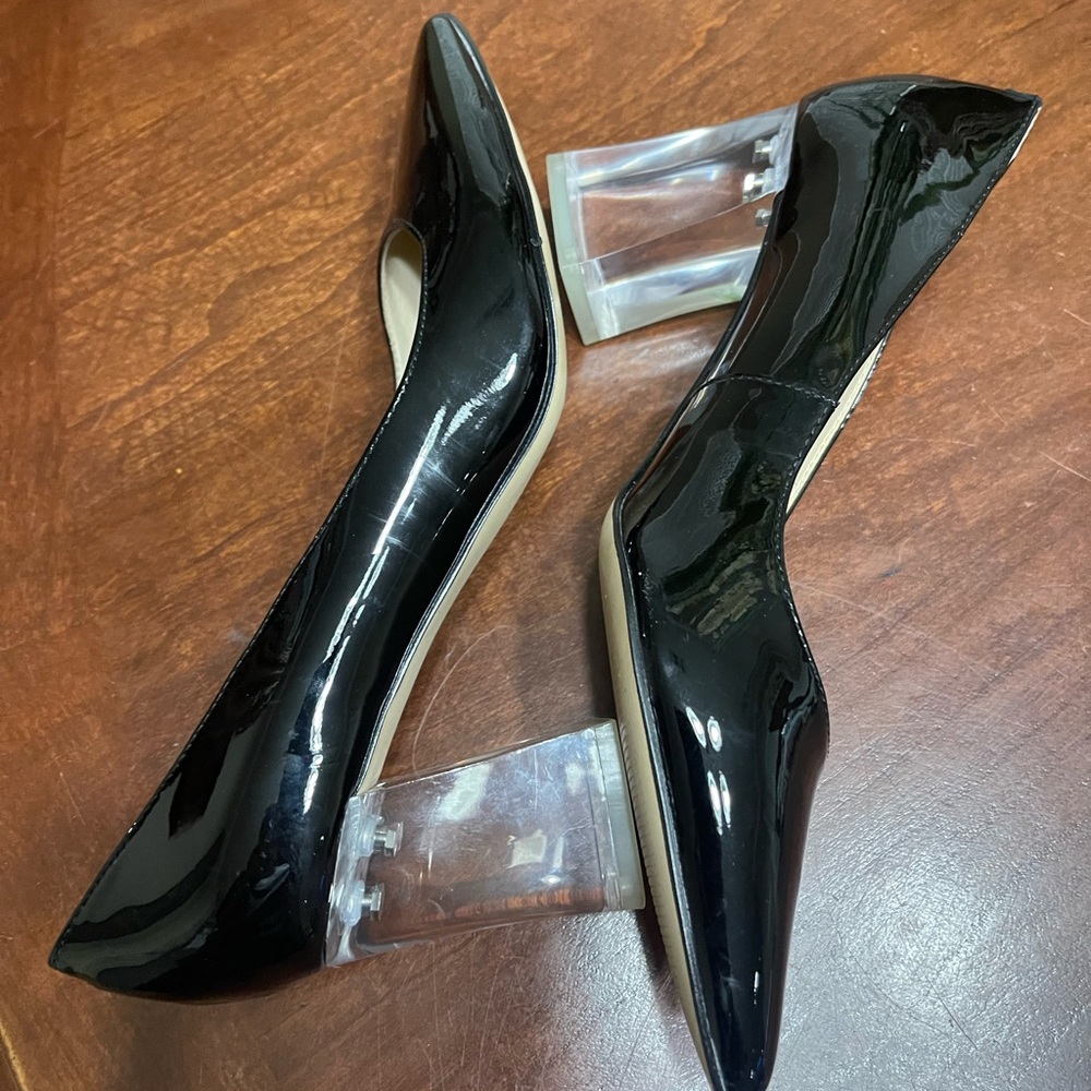 Marc Fisher Zala Black Patent Leather Pointed Toe Pumps Clear Acrylic Block Heel - Picture 5 of 8